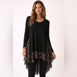 APRICOT Black Long-Sleeve Tunic with Leopard-Print Hem
